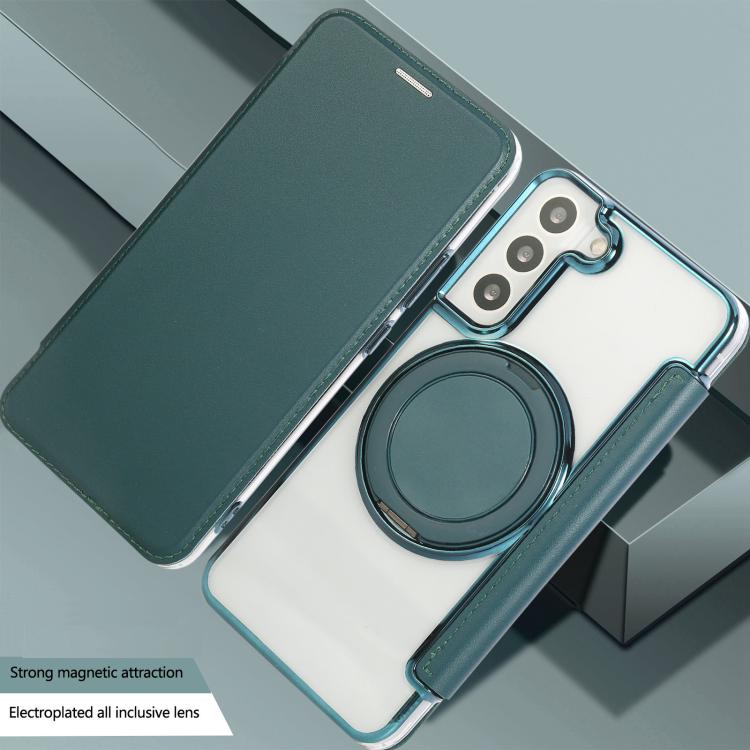 For Samsung Galaxy S22+ 5G Ultra-thin Rotation Holder Magnetic Plating Vegan Leather Phone Case