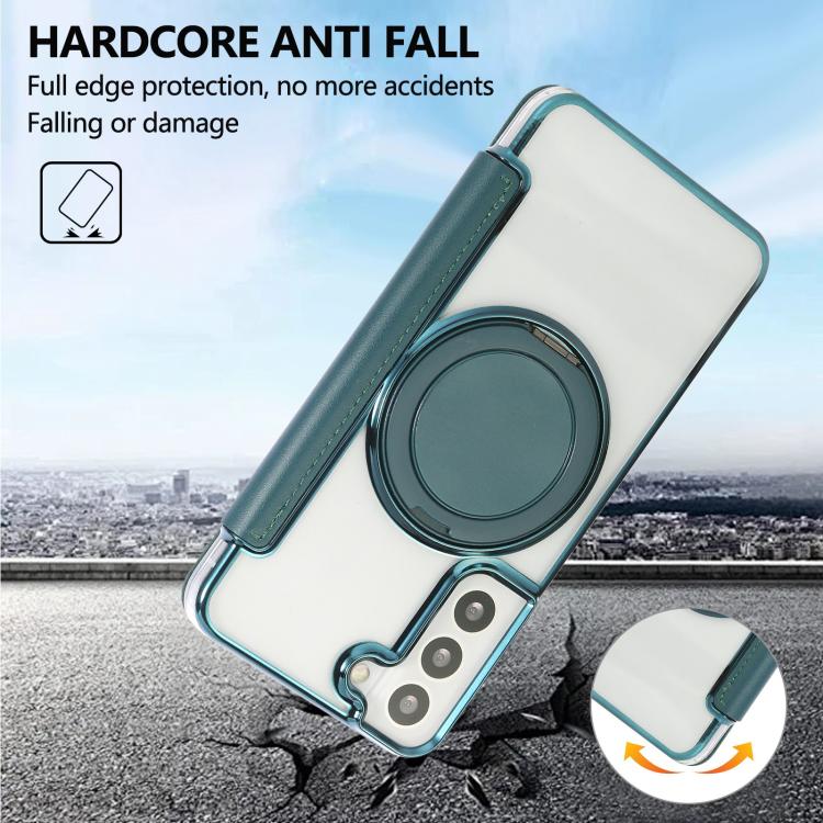 For Samsung Galaxy S22+ 5G Ultra-thin Rotation Holder Magnetic Plating Vegan Leather Phone Case