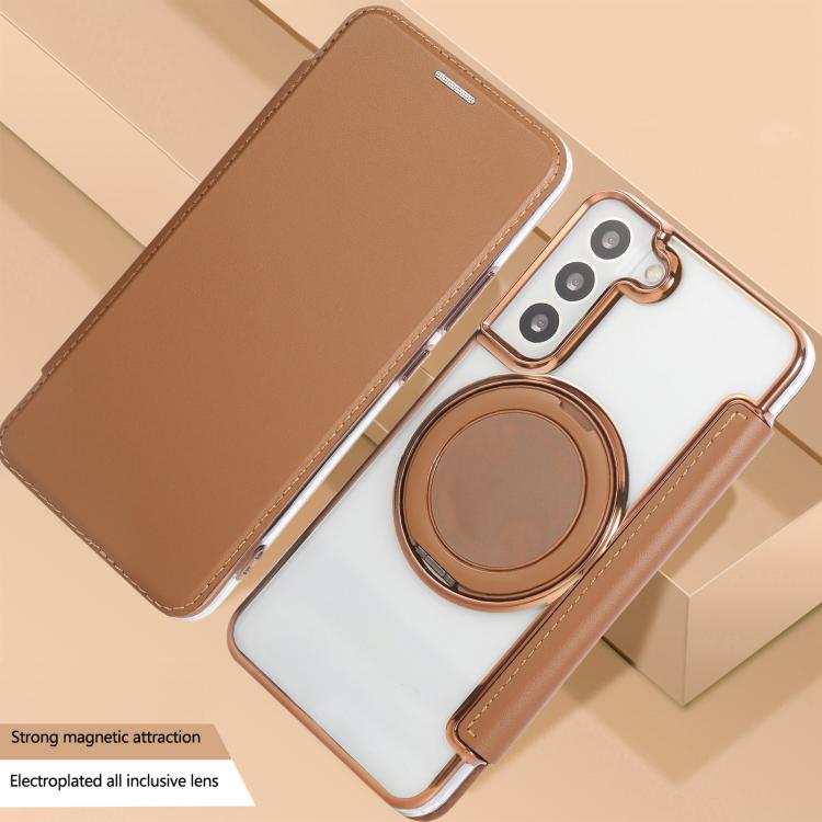 For Samsung Galaxy S22+ 5G Ultra-thin Rotation Holder Magnetic Plating Vegan Leather Phone Case