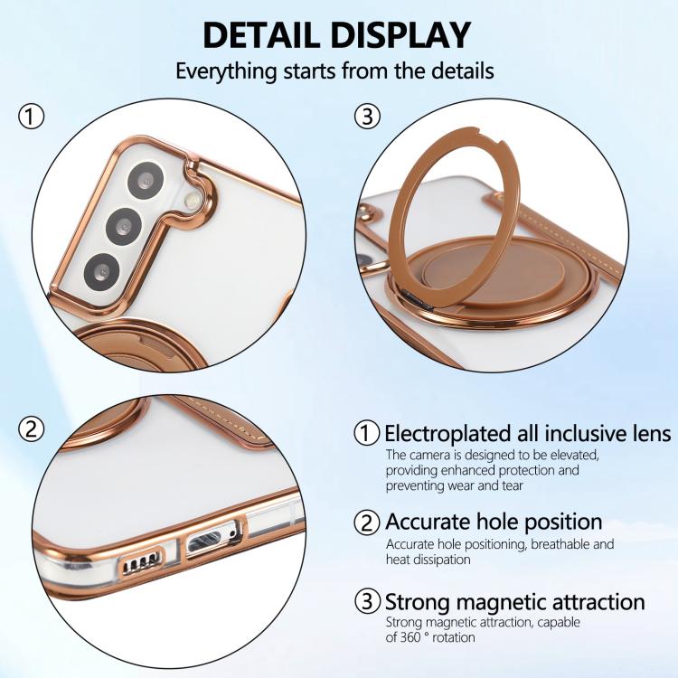 For Samsung Galaxy S22+ 5G Ultra-thin Rotation Holder Magnetic Plating Vegan Leather Phone Case
