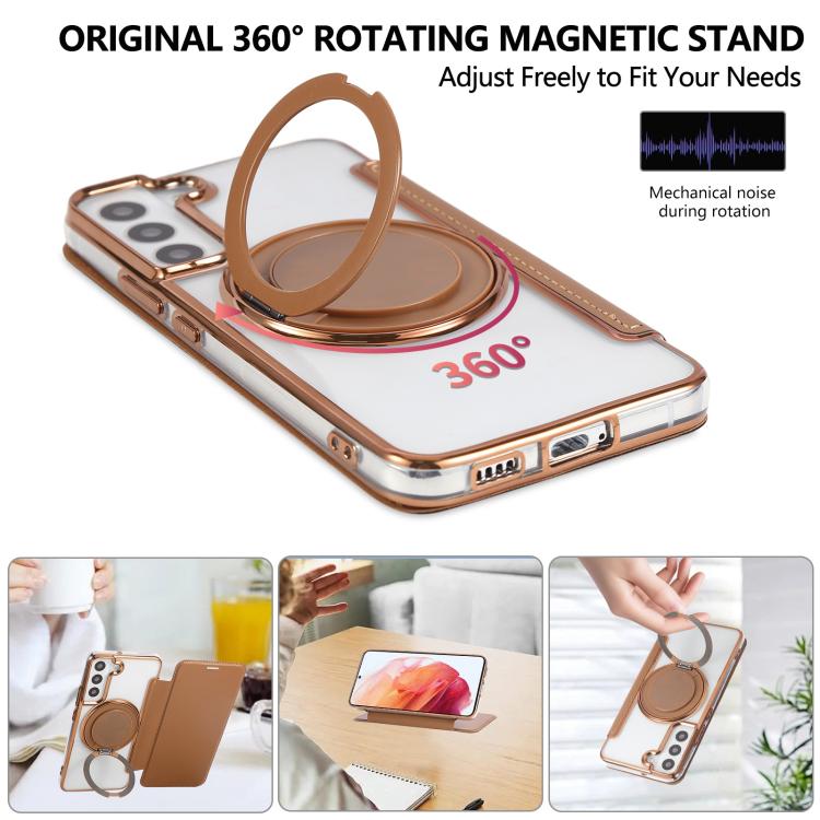 For Samsung Galaxy S22+ 5G Ultra-thin Rotation Holder Magnetic Plating Vegan Leather Phone Case
