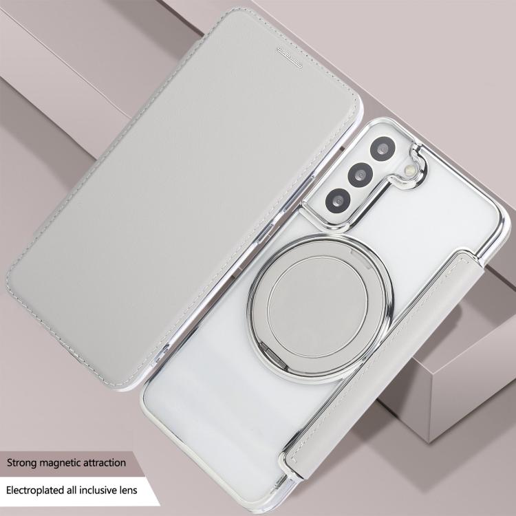 For Samsung Galaxy S22+ 5G Ultra-thin Rotation Holder Magnetic Plating Vegan Leather Phone Case