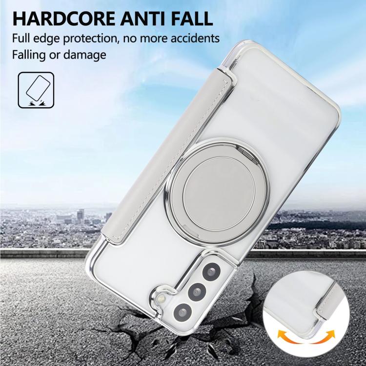 For Samsung Galaxy S22+ 5G Ultra-thin Rotation Holder Magnetic Plating Vegan Leather Phone Case