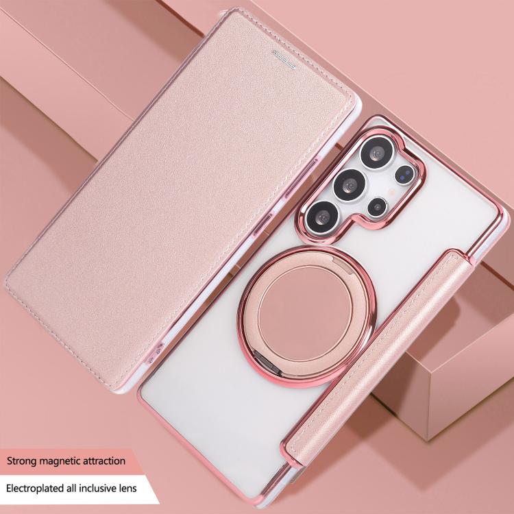 For Samsung Galaxy S23 Ultra 5G Ultra-thin Rotation Holder Magnetic Plating Vegan Leather Phone Case