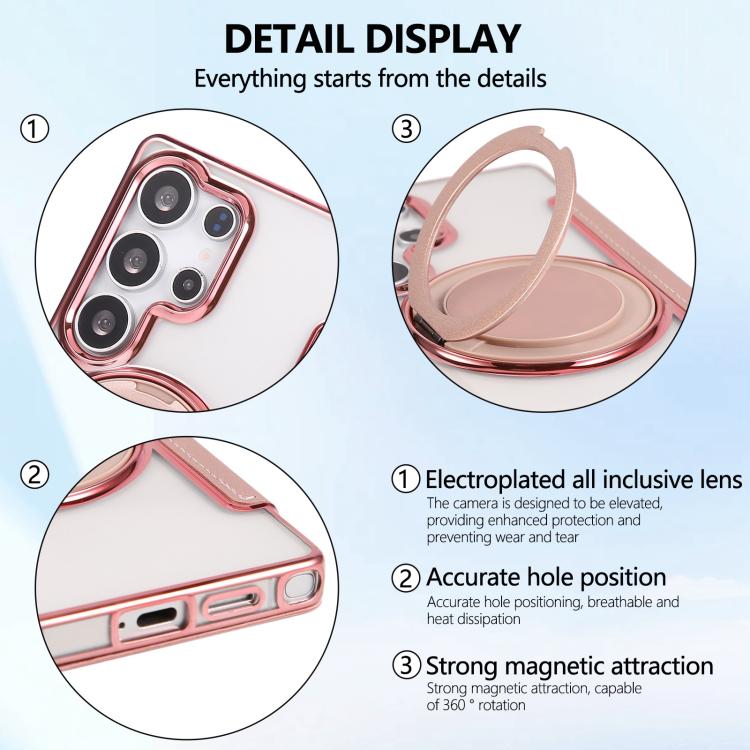 For Samsung Galaxy S23 Ultra 5G Ultra-thin Rotation Holder Magnetic Plating Vegan Leather Phone Case