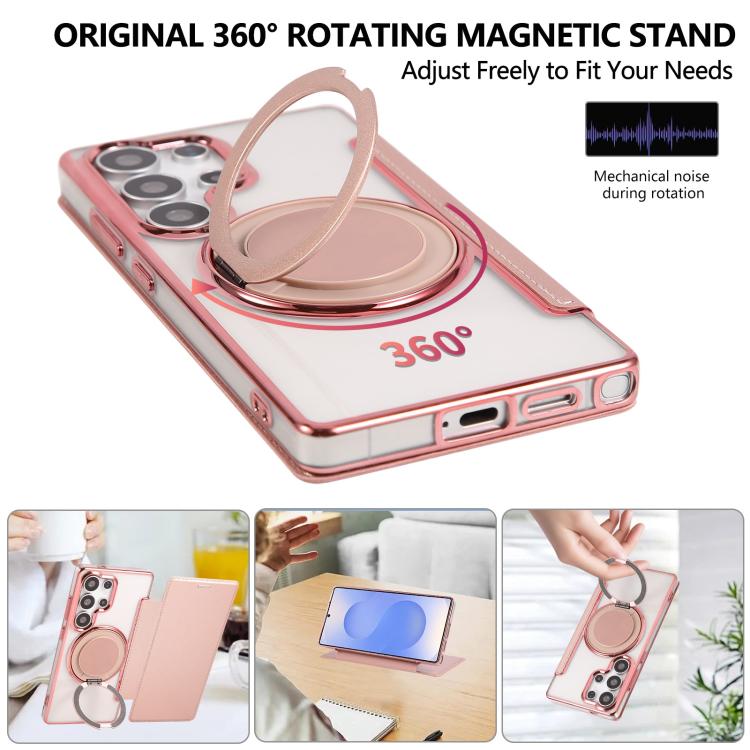 For Samsung Galaxy S23 Ultra 5G Ultra-thin Rotation Holder Magnetic Plating Vegan Leather Phone Case