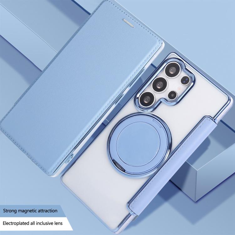 For Samsung Galaxy S23 Ultra 5G Ultra-thin Rotation Holder Magnetic Plating Vegan Leather Phone Case