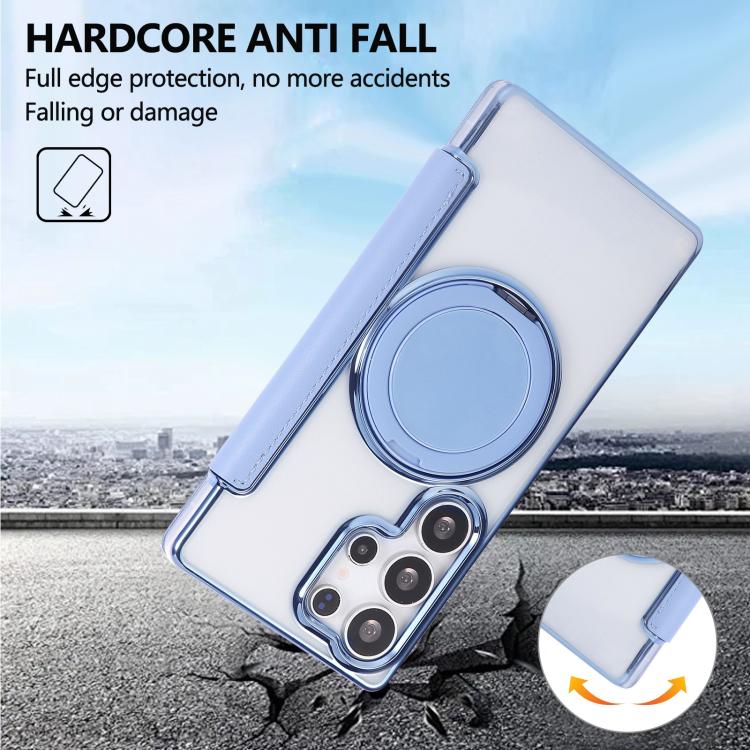 For Samsung Galaxy S23 Ultra 5G Ultra-thin Rotation Holder Magnetic Plating Vegan Leather Phone Case