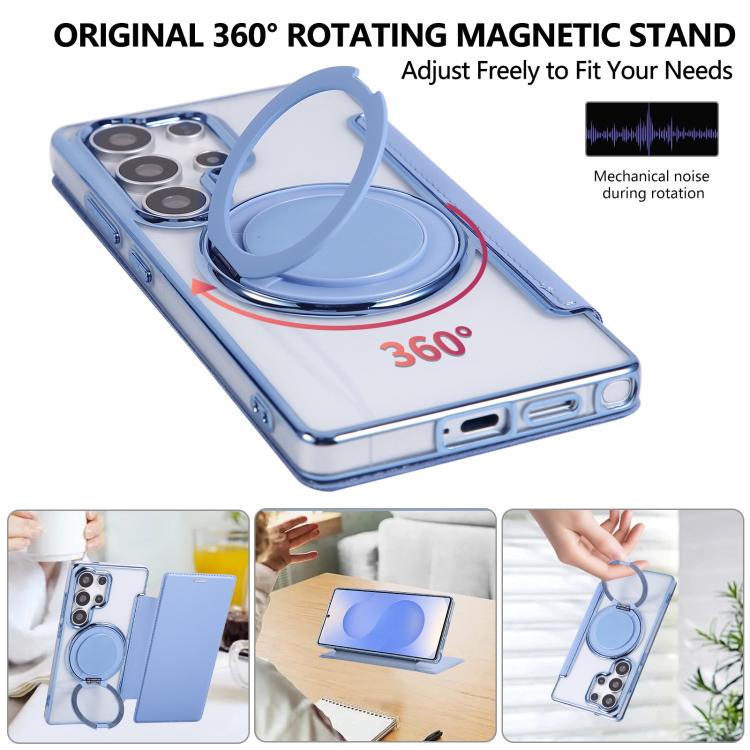 For Samsung Galaxy S23 Ultra 5G Ultra-thin Rotation Holder Magnetic Plating Vegan Leather Phone Case