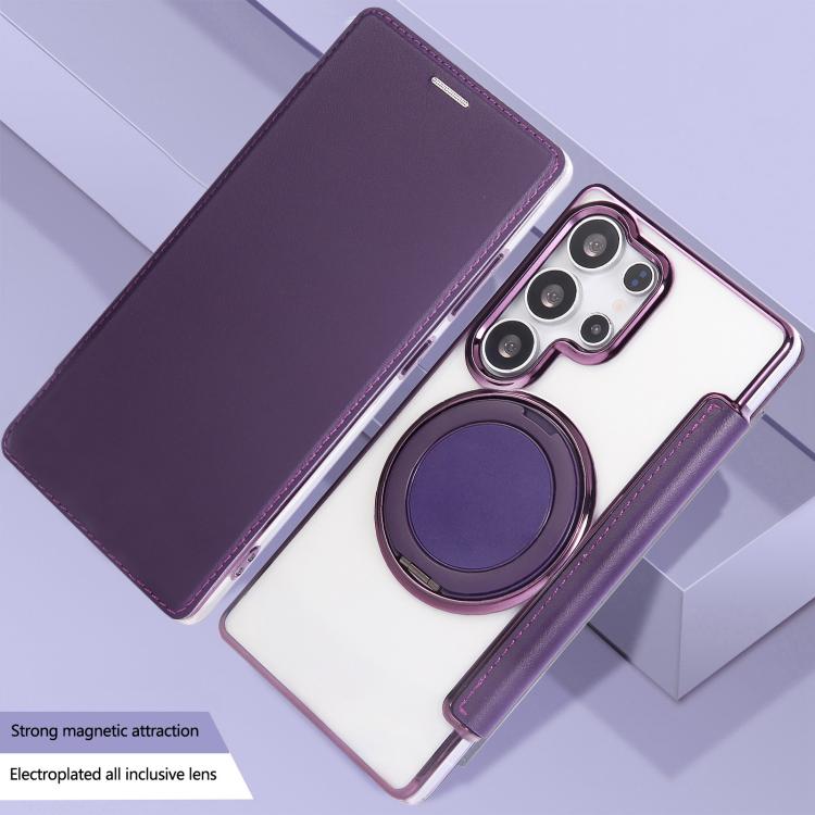 For Samsung Galaxy S23 Ultra 5G Ultra-thin Rotation Holder Magnetic Plating Vegan Leather Phone Case