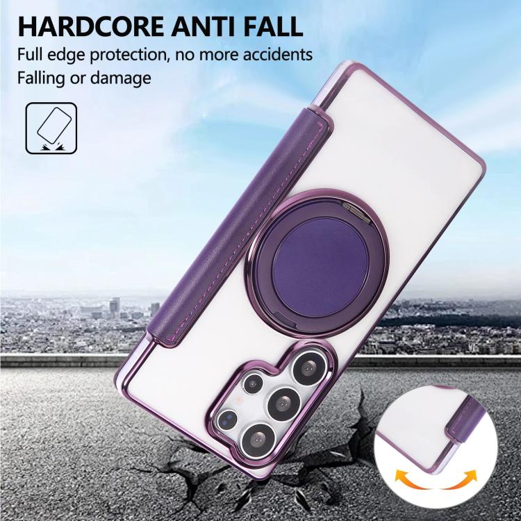 For Samsung Galaxy S23 Ultra 5G Ultra-thin Rotation Holder Magnetic Plating Vegan Leather Phone Case