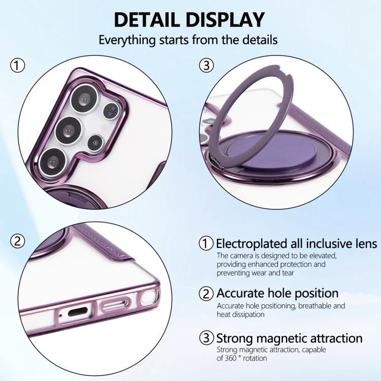 For Samsung Galaxy S23 Ultra 5G Ultra-thin Rotation Holder Magnetic Plating Vegan Leather Phone Case