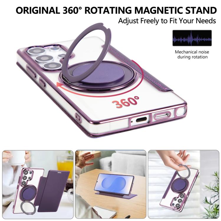 For Samsung Galaxy S23 Ultra 5G Ultra-thin Rotation Holder Magnetic Plating Vegan Leather Phone Case