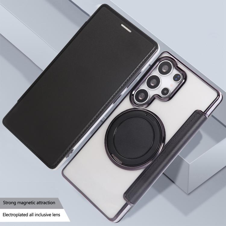 For Samsung Galaxy S23 Ultra 5G Ultra-thin Rotation Holder Magnetic Plating Vegan Leather Phone Case