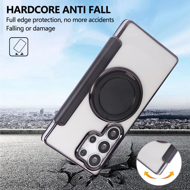 For Samsung Galaxy S23 Ultra 5G Ultra-thin Rotation Holder Magnetic Plating Vegan Leather Phone Case