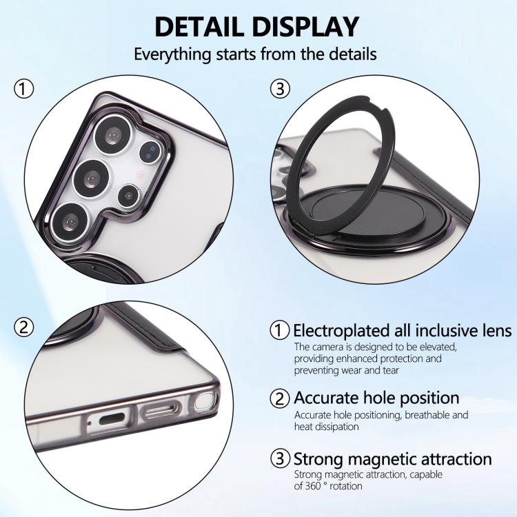 For Samsung Galaxy S23 Ultra 5G Ultra-thin Rotation Holder Magnetic Plating Vegan Leather Phone Case