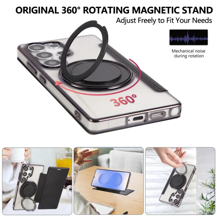 For Samsung Galaxy S23 Ultra 5G Ultra-thin Rotation Holder Magnetic Plating Vegan Leather Phone Case