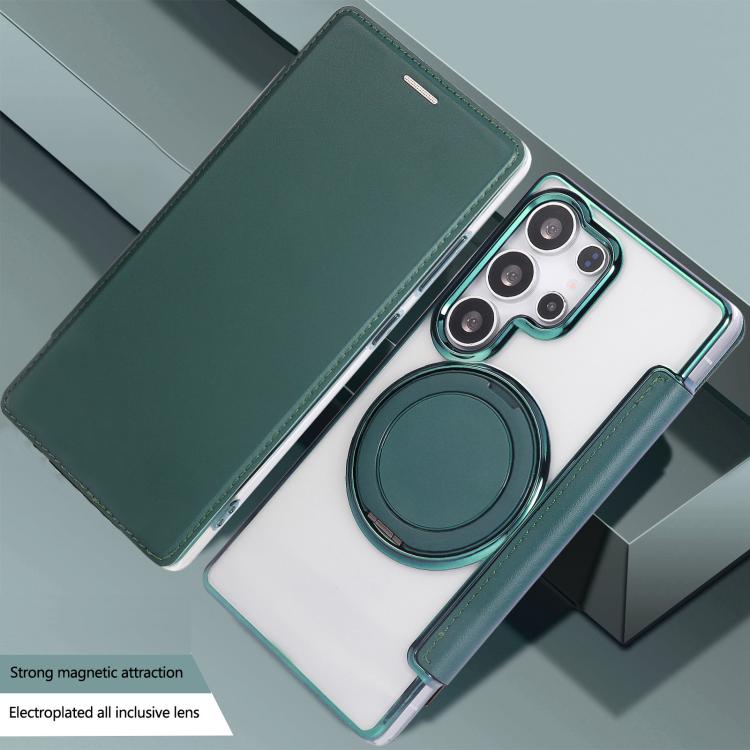 For Samsung Galaxy S23 Ultra 5G Ultra-thin Rotation Holder Magnetic Plating Vegan Leather Phone Case