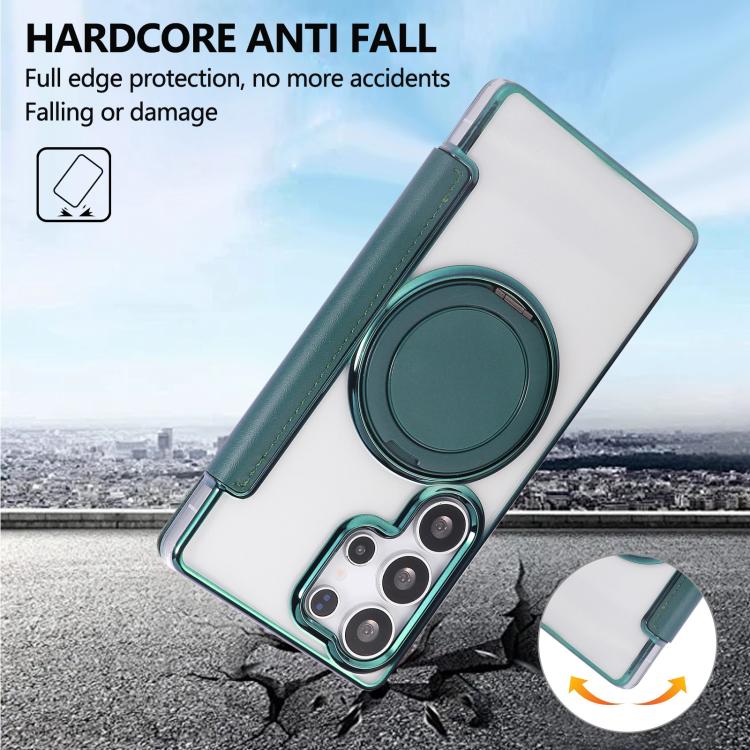For Samsung Galaxy S23 Ultra 5G Ultra-thin Rotation Holder Magnetic Plating Vegan Leather Phone Case