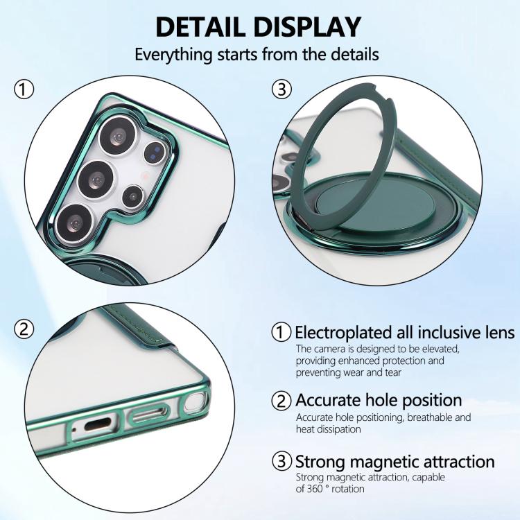 For Samsung Galaxy S23 Ultra 5G Ultra-thin Rotation Holder Magnetic Plating Vegan Leather Phone Case