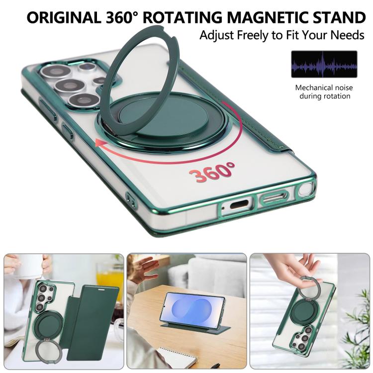 For Samsung Galaxy S23 Ultra 5G Ultra-thin Rotation Holder Magnetic Plating Vegan Leather Phone Case