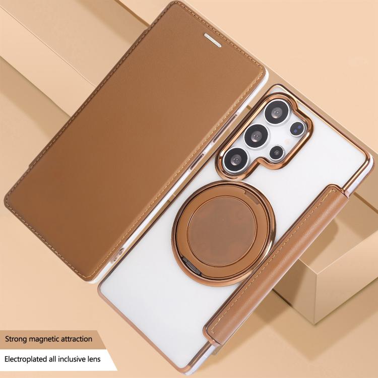 For Samsung Galaxy S23 Ultra 5G Ultra-thin Rotation Holder Magnetic Plating Vegan Leather Phone Case