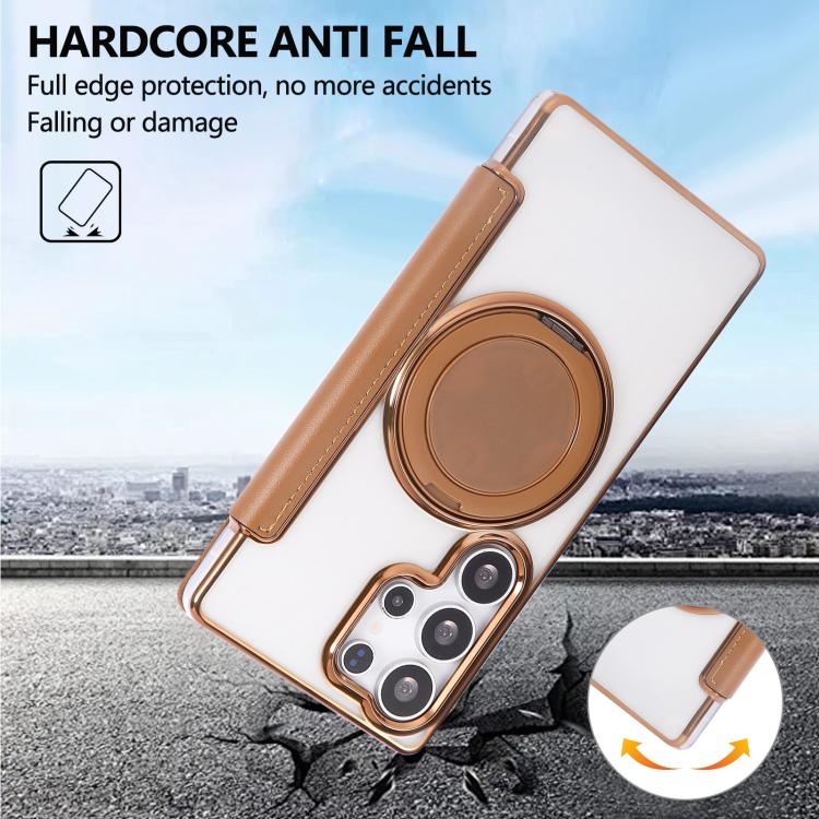 For Samsung Galaxy S23 Ultra 5G Ultra-thin Rotation Holder Magnetic Plating Vegan Leather Phone Case