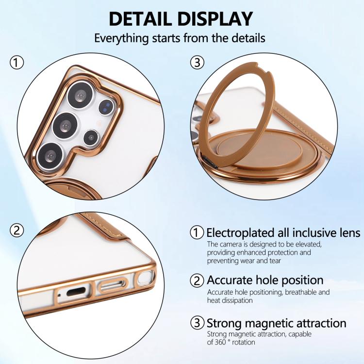 For Samsung Galaxy S23 Ultra 5G Ultra-thin Rotation Holder Magnetic Plating Vegan Leather Phone Case