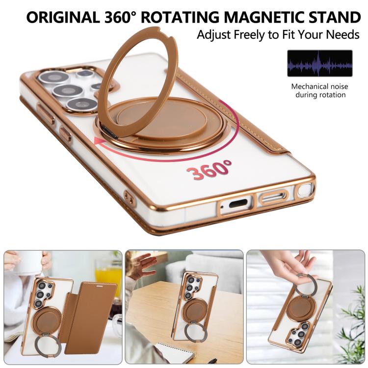 For Samsung Galaxy S23 Ultra 5G Ultra-thin Rotation Holder Magnetic Plating Vegan Leather Phone Case