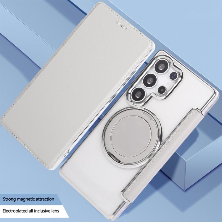 For Samsung Galaxy S23 Ultra 5G Ultra-thin Rotation Holder Magnetic Plating Vegan Leather Phone Case