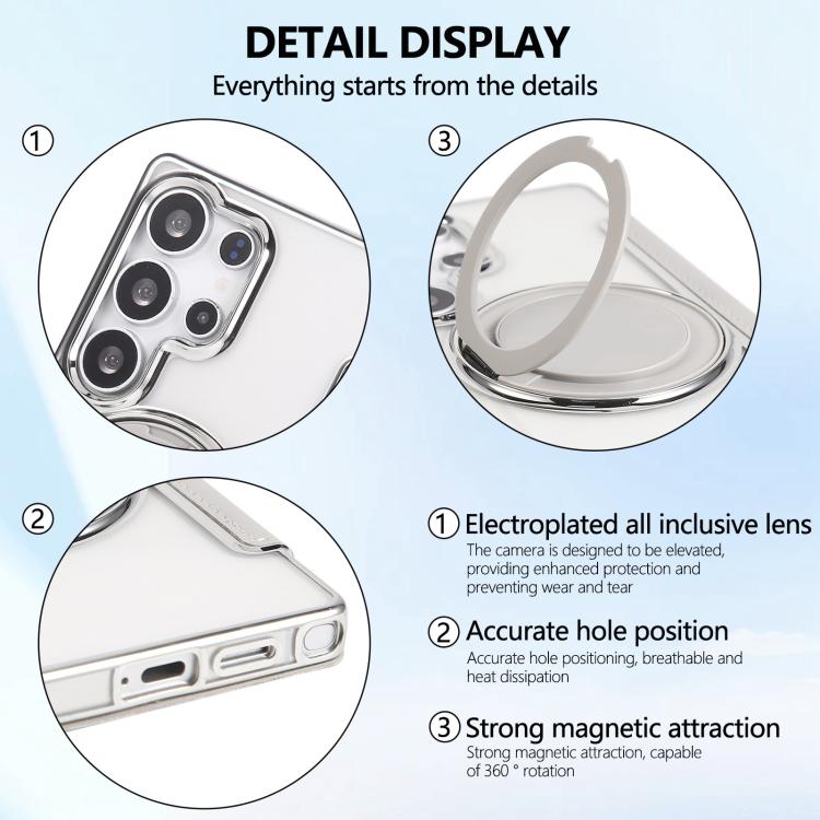 For Samsung Galaxy S23 Ultra 5G Ultra-thin Rotation Holder Magnetic Plating Vegan Leather Phone Case
