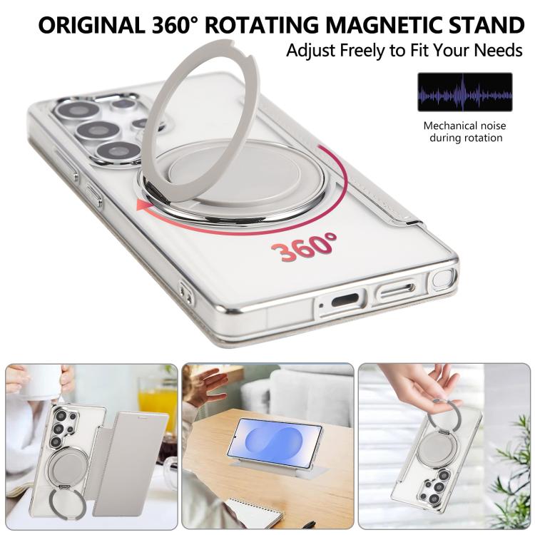 For Samsung Galaxy S23 Ultra 5G Ultra-thin Rotation Holder Magnetic Plating Vegan Leather Phone Case