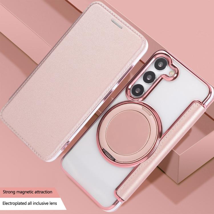 For Samsung Galaxy S23+ 5G Ultra-thin Rotation Holder Magnetic Plating Vegan Leather Phone Case