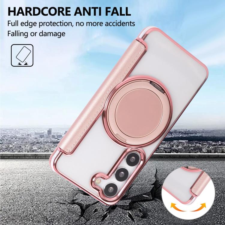 For Samsung Galaxy S23+ 5G Ultra-thin Rotation Holder Magnetic Plating Vegan Leather Phone Case
