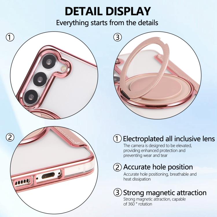 For Samsung Galaxy S23+ 5G Ultra-thin Rotation Holder Magnetic Plating Vegan Leather Phone Case