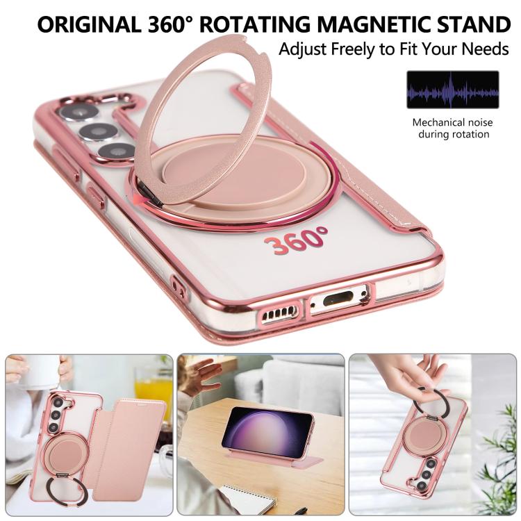 For Samsung Galaxy S23+ 5G Ultra-thin Rotation Holder Magnetic Plating Vegan Leather Phone Case