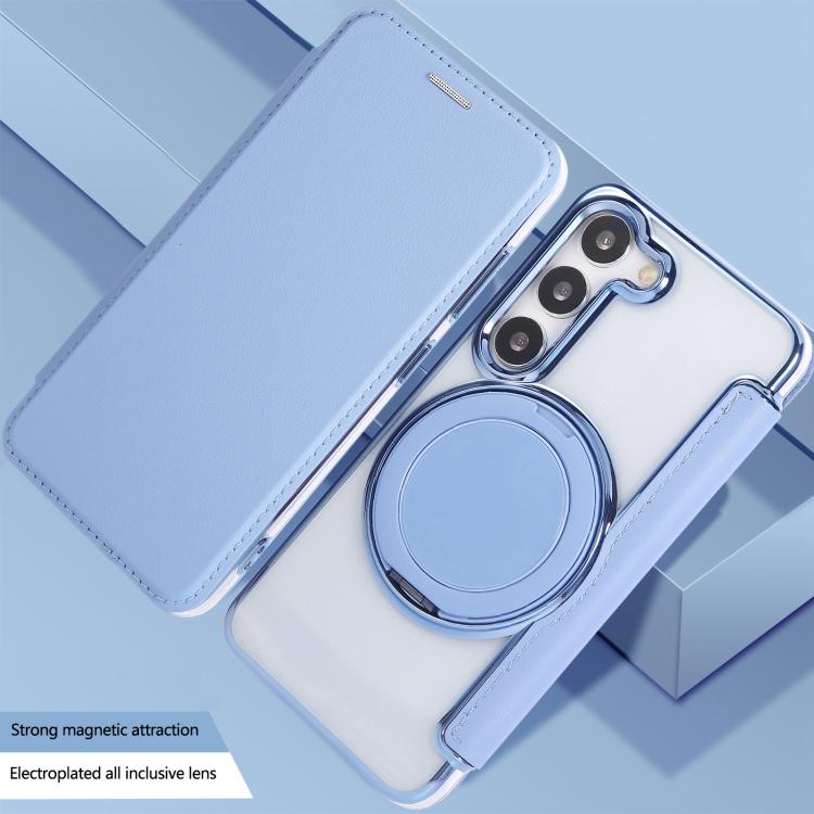For Samsung Galaxy S23+ 5G Ultra-thin Rotation Holder Magnetic Plating Vegan Leather Phone Case
