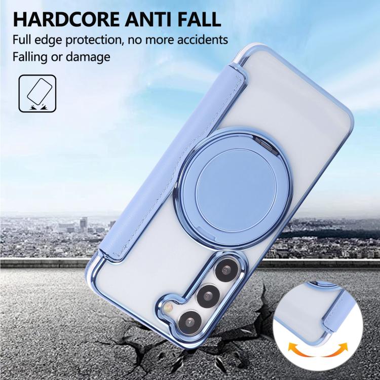For Samsung Galaxy S23+ 5G Ultra-thin Rotation Holder Magnetic Plating Vegan Leather Phone Case