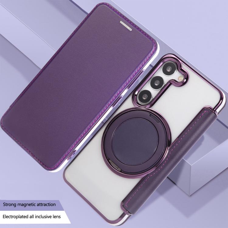 For Samsung Galaxy S23+ 5G Ultra-thin Rotation Holder Magnetic Plating Vegan Leather Phone Case