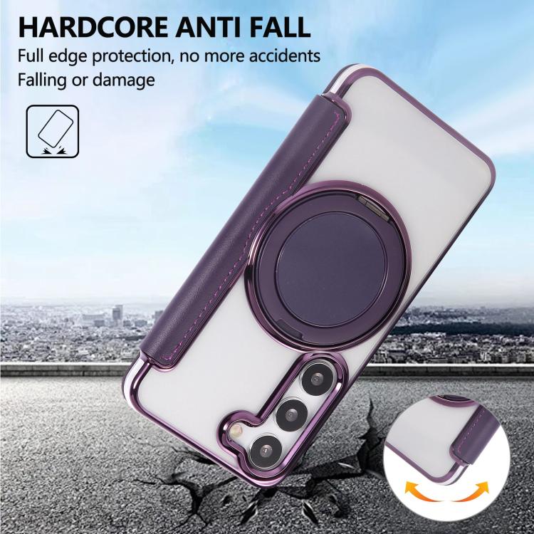 For Samsung Galaxy S23+ 5G Ultra-thin Rotation Holder Magnetic Plating Vegan Leather Phone Case