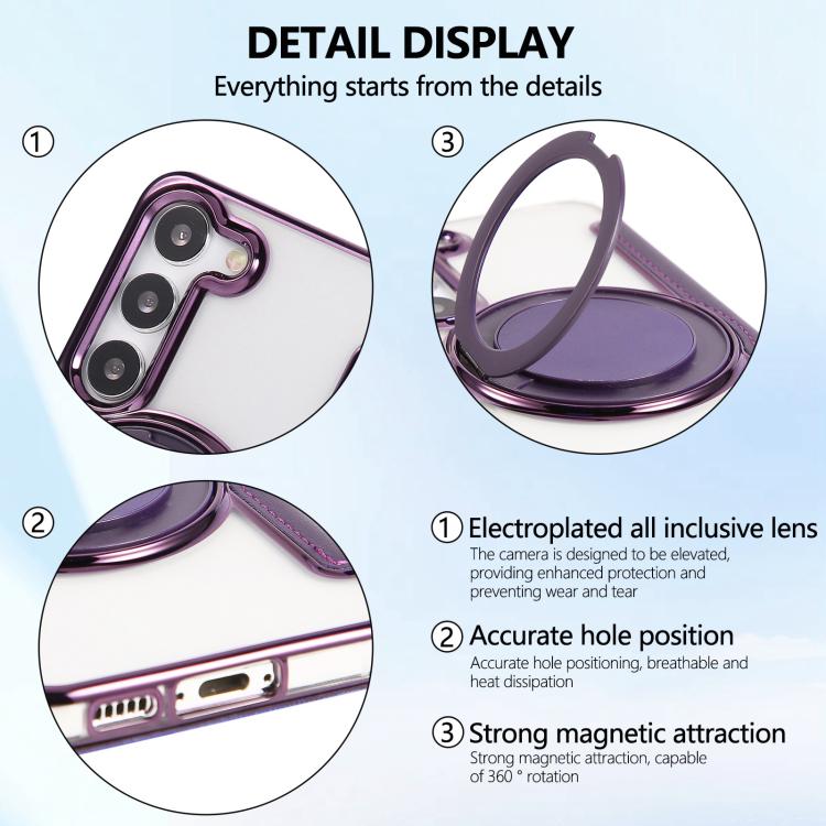 For Samsung Galaxy S23+ 5G Ultra-thin Rotation Holder Magnetic Plating Vegan Leather Phone Case