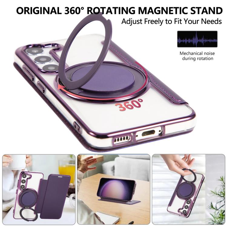For Samsung Galaxy S23+ 5G Ultra-thin Rotation Holder Magnetic Plating Vegan Leather Phone Case