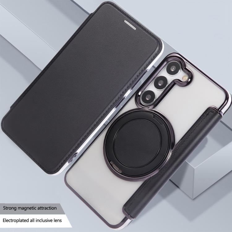 For Samsung Galaxy S23+ 5G Ultra-thin Rotation Holder Magnetic Plating Vegan Leather Phone Case