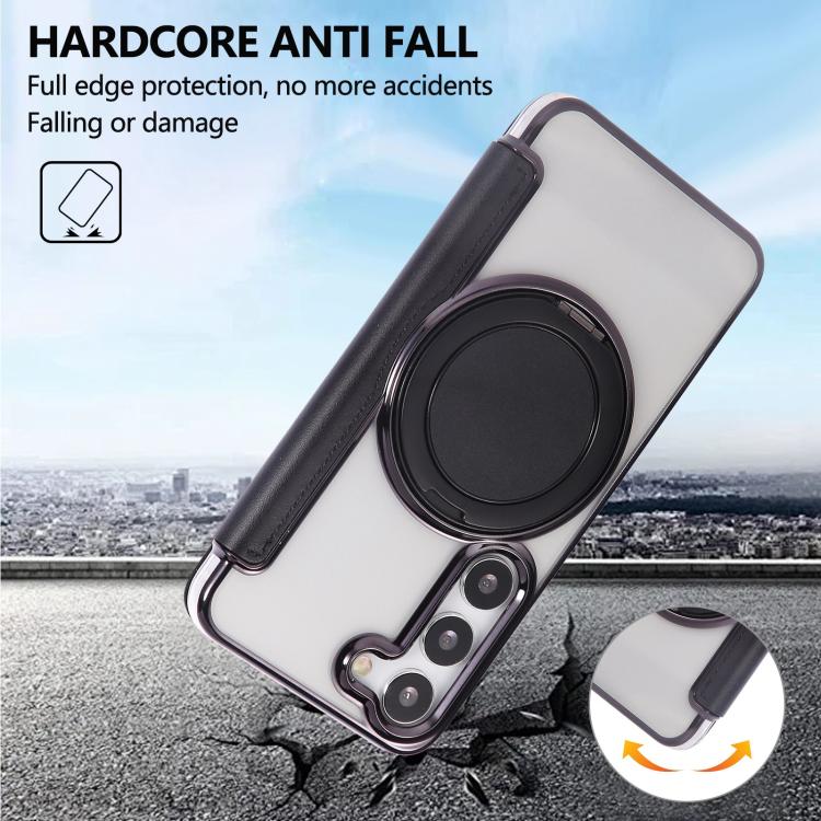 For Samsung Galaxy S23+ 5G Ultra-thin Rotation Holder Magnetic Plating Vegan Leather Phone Case