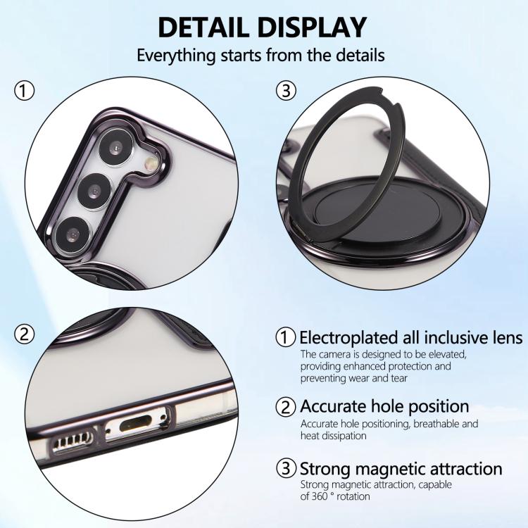 For Samsung Galaxy S23+ 5G Ultra-thin Rotation Holder Magnetic Plating Vegan Leather Phone Case