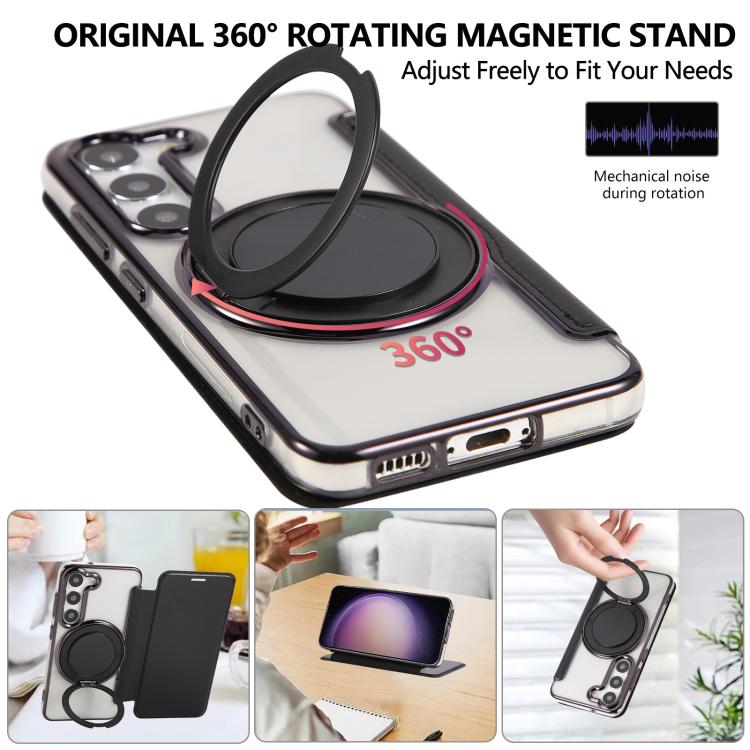 For Samsung Galaxy S23+ 5G Ultra-thin Rotation Holder Magnetic Plating Vegan Leather Phone Case