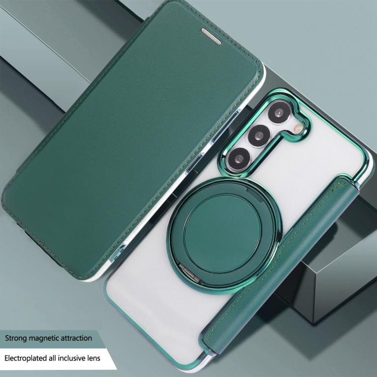 For Samsung Galaxy S23+ 5G Ultra-thin Rotation Holder Magnetic Plating Vegan Leather Phone Case