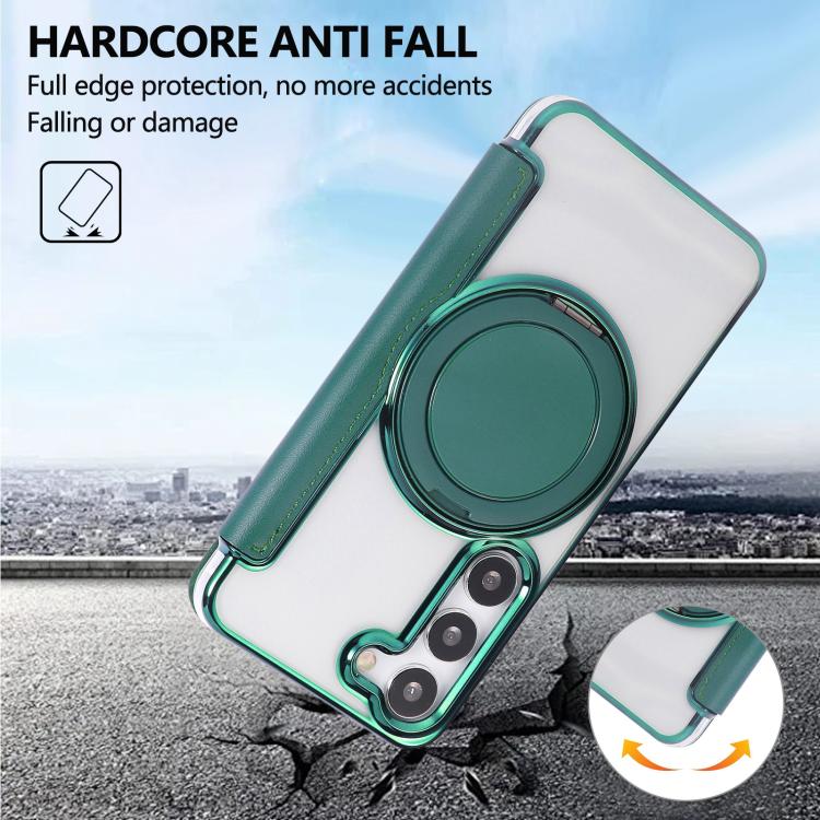 For Samsung Galaxy S23+ 5G Ultra-thin Rotation Holder Magnetic Plating Vegan Leather Phone Case