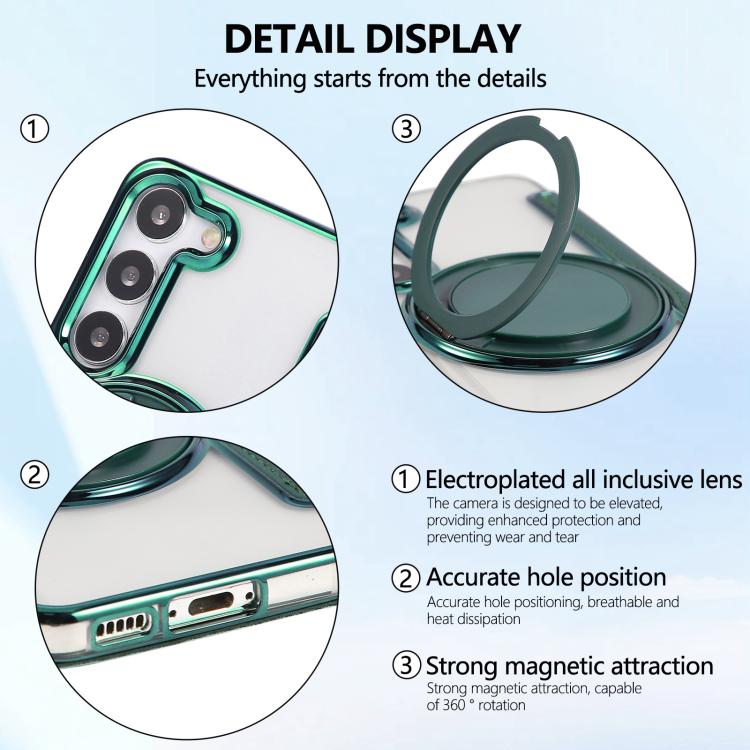For Samsung Galaxy S23+ 5G Ultra-thin Rotation Holder Magnetic Plating Vegan Leather Phone Case