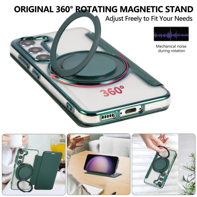 For Samsung Galaxy S23+ 5G Ultra-thin Rotation Holder Magnetic Plating Vegan Leather Phone Case